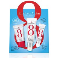 Elizabeth Arden Eight Hour Hydraplay Starter Set with three skincare tubes on a blue and red background.