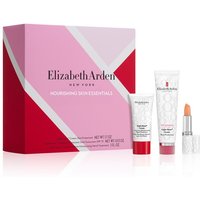 Pink and red Elizabeth Arden gift set with cream, lotion, and lip balm in sleek tubes and a lipstick-style container.