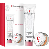 Elizabeth Arden gift set with cream tube and balm tin, white packaging with red accents and brand logo.