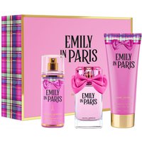Pink Elizabeth Arden Emily in Paris gift set with perfume, body lotion, and spray, featuring purple bow accents.