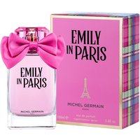 Pink Elizabeth Arden Emily in Paris perfume bottle with bow, 100ml, next to matching pink and plaid box.