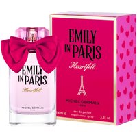 Pink bottle of Elizabeth Arden Emily in Paris Heartfelt Eau de Parfum, 100ml, with a bow and matching heart-patterned box.