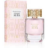 Pink Elizabeth Arden Eternal Aura perfume bottle with gold cap, next to matching pink and gold box.