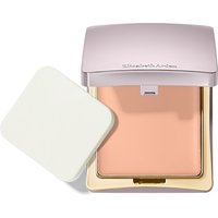 Cream foundation in a square gold compact with a mirrored lid and white sponge applicator.