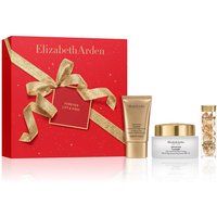 Red Elizabeth Arden gift box with gold ribbon, includes cream jar, tube, and capsule bottle.
