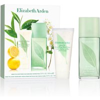 Green Tea 2-Piece Set with perfume bottle and lotion tube, both featuring green leaf design, in branded packaging.