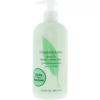 Pale green Elizabeth Arden Green Tea Body Lotion bottle with pump, featuring leaf design and 500ml label.
