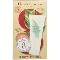 Elizabeth Arden Green Tea set with cream tube, lip protectant tin, and leaf design on beige and red packaging.
