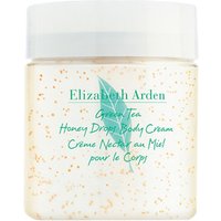 Cream-colored jar with green text, Elizabeth Arden Green Tea Honey Drops Body Cream, 250ml, with speckled texture.