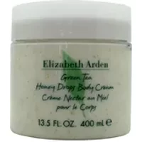 White jar of Elizabeth Arden Green Tea Honey Drops Body Cream, 400ml, with green text and leaf design.