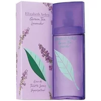 Purple Elizabeth Arden Green Tea Lavender Eau De Toilette 100ml bottle with leaf design, matching floral box.
