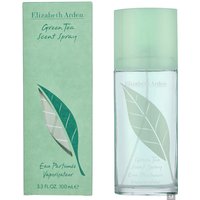 Green tea-themed perfume bottle with green cap, alongside matching green box with leaf design, 100ml by Elizabeth Arden.