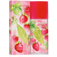 Clear bottle with red cap, featuring strawberry and leaf design, Elizabeth Arden Green Tea Strawberry Basil Eau de Toilette.
