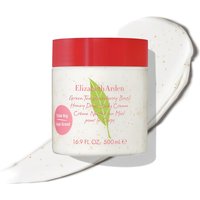 Elizabeth Arden body cream jar with red lid, green leaf design, and pink text on white background.
