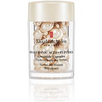 Clear jar of Elizabeth Arden capsules with gold lid, filled with pearl-like Hyaluronic Acid + Peptides Ceramide capsules.