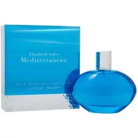 Blue Elizabeth Arden Mediterranean perfume bottle with silver cap, next to matching blue box.