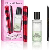 Elizabeth Arden MezmerEyes Gift Set with mascara, makeup remover, and eyeliner in a pink and red themed packaging.