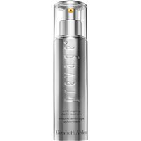 Silver Elizabeth Arden Prevage serum bottle with clear cap and pump dispenser, 30ml.