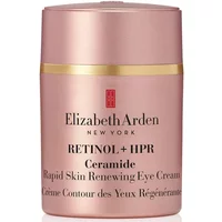 Pink Elizabeth Arden eye cream jar with gold band, labeled "Retinol + HPR Ceramide Rapid Skin Renewing Eye Cream 15ml".