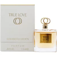 Elizabeth Arden True Love Eau De Parfum 7.5ml, clear square bottle with gold cap, next to white box with gold accents.