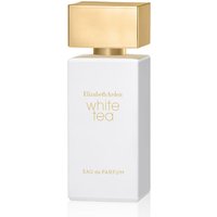 White rectangular perfume bottle with gold cap, labeled "Elizabeth Arden White Tea Eau de Parfum" in gold text.