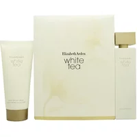 Elizabeth Arden White Tea gift set with cream tube, perfume bottle, and elegant white packaging.