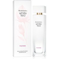 Tall, rectangular glass bottle with white cap, labeled "White Tea Wild Rose," next to matching floral box.