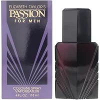 Purple box and black geometric bottle of Elizabeth Taylor Passion For Men Eau De Cologne 118ml.