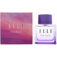 Elle Free Spirit Eau De Parfum 100ml, clear square bottle with purple cap, next to purple and pink gradient box.