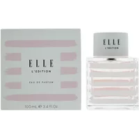 Elle L'Edition Eau De Parfum 100ml, clear square bottle with pink stripes, white cap, matching box.