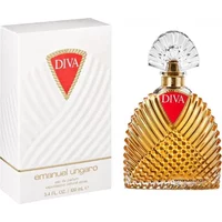 Emanuel Ungaro Diva Eau De Parfum 100ml with gold textured bottle and clear ornate cap, red label, and matching box.