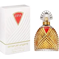 Emanuel Ungaro Diva Eau De Parfum 50ml, gold ribbed bottle with clear cap, red label, white box with gold accents.