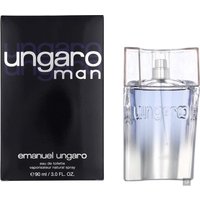 Emanuel Ungaro Man Eau de Toilette 90ml, clear bottle with silver cap, black box with white and blue text