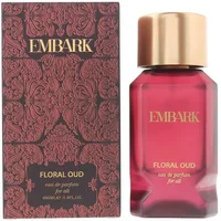 Embark Floral Oud Eau De Parfum 100ml, red bottle with gold cap, ornate box with floral pattern.
