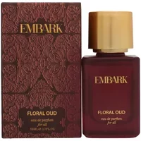 Embark Floral Oud Eau De Parfum 50ml with gold cap, burgundy bottle, and matching embossed box.