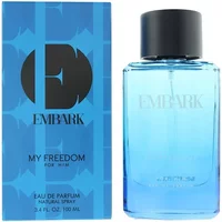 Blue Embark Freedom For Him Eau De Parfum bottle with black cap, next to matching blue box with black logo.