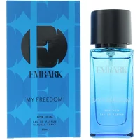 Blue Embark Freedom For Him Eau De Parfum 30ml bottle with black cap, next to matching blue box with black logo.