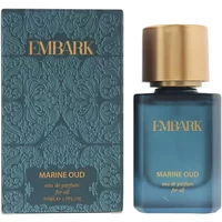 Embark Marine Oud Eau De Parfum 50ml, blue glass bottle with gold cap, ornate blue box with gold lettering.