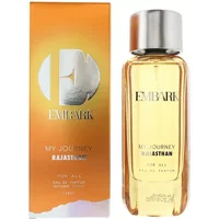 Embark My Journey Rajasthan Eau De Parfum 100ml, clear bottle with silver cap, orange box with silver logo.