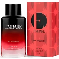 Black and red gradient Embark My Passion For Him Eau De Parfum 100ml bottle with matching red and black box.