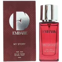 Red Embark My Story Eau De Parfum 30ml bottle with silver cap and matching red box with silver logo.