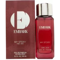 Red rectangular bottle of Embark My Story For Her Eau De Parfum 100ml with silver cap, next to matching box.
