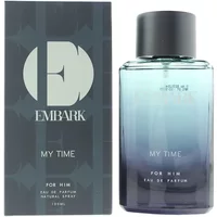 Embark My Time For Him Eau De Parfum 100ml, gradient blue bottle with black cap, next to matching dark box.