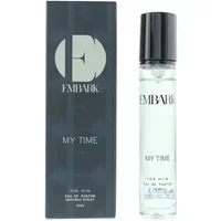 Embark My Time For Him Eau De Parfum 15ml, clear glass bottle with black cap, next to dark box with silver logo.