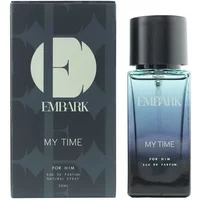 Embark My Time For Him Eau De Parfum 30ml, gradient blue glass bottle with black cap, next to matching box.