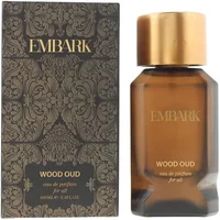 Embark Wood Oud Eau De Parfum 100ml, amber bottle with gold cap, ornate black and gold packaging.