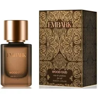 "Embark Wood Oud Eau De Parfum 50ml, brown glass bottle with gold cap, ornate gold and brown packaging"