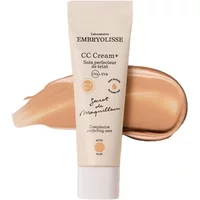 Embryolisse CC Cream+ SPF 20, 30ml, nude shade, in a beige tube with black text and swatch background.