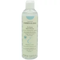 Clear bottle of Embryolisse Micellar Lotion 250ml with white cap and blue logo.