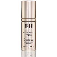 Gold Emma Hardie Midas Touch Super Serum bottle with EH logo and text detailing benefits and size, 30ml.